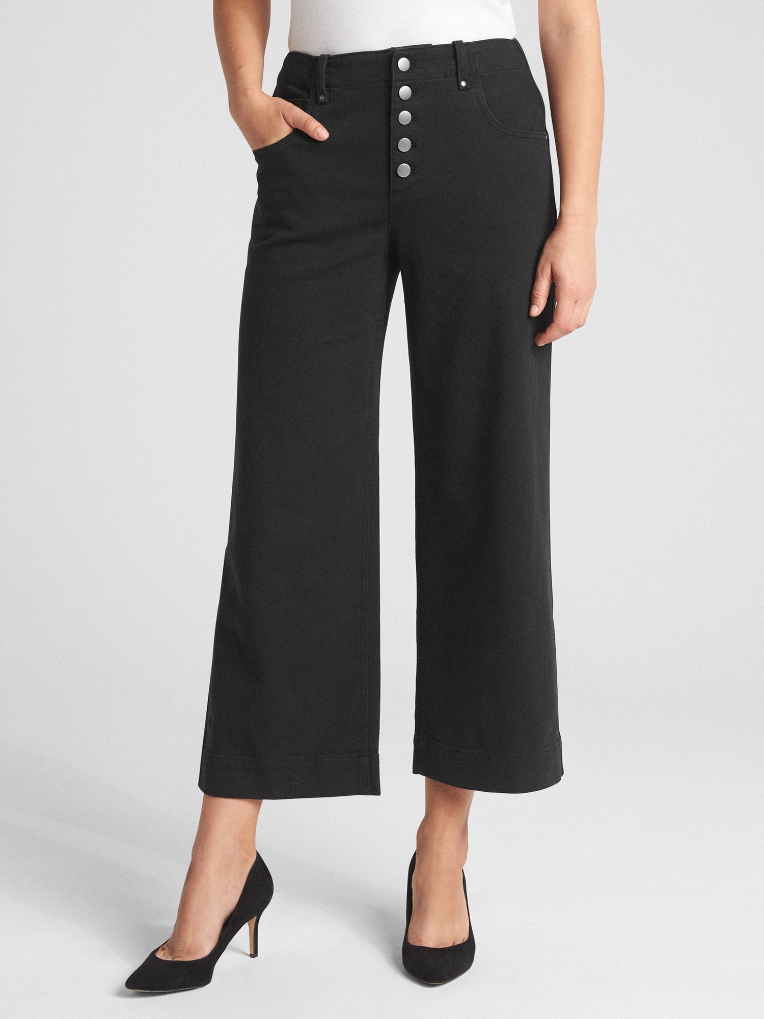 High Rise Crop Wide-Leg Pants with Button-Fly