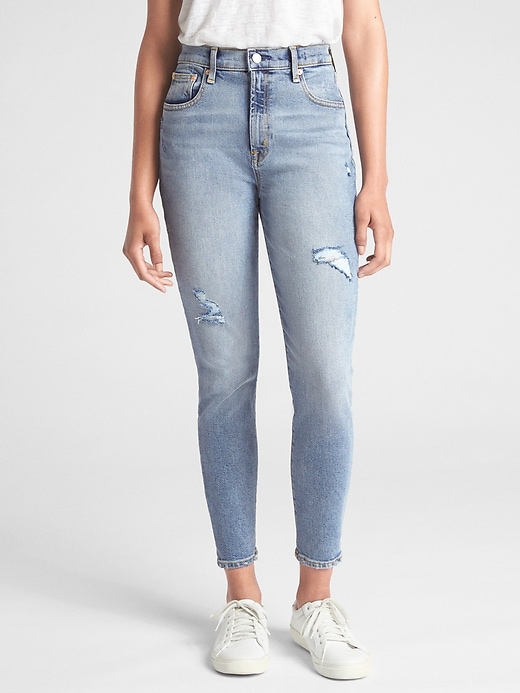 Image number 1 showing, High Rise True Skinny Ankle Jeans in Destructed