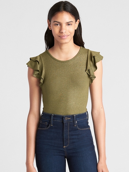 View large product image 1 of 1. Sleeveless Ruffle-Trim Ribbed Top