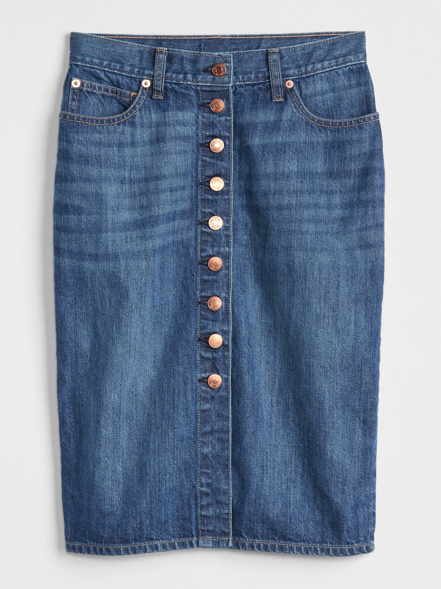 High waisted button clearance front denim pencil skirt