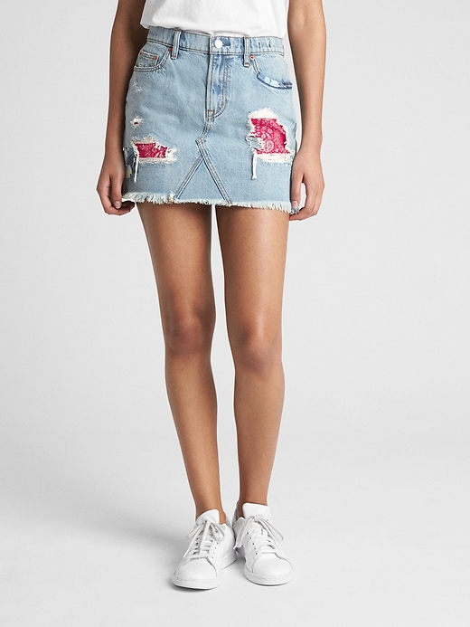 Image number 1 showing, Denim Mini Skirt in Rip and Repair