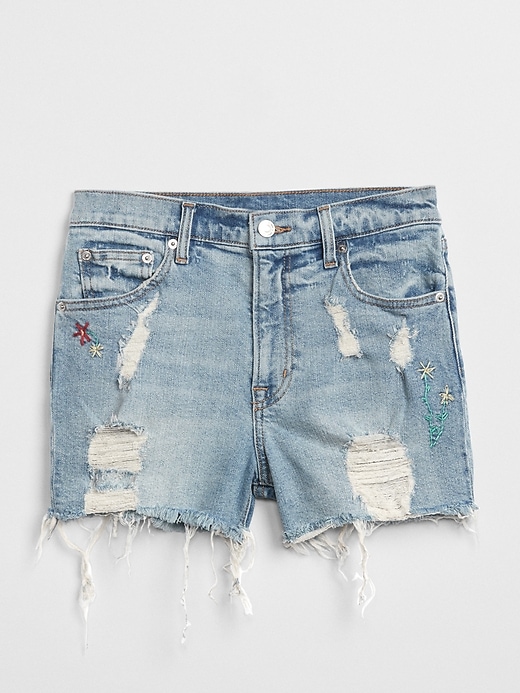 Image number 6 showing, High Rise 3" Embroidered Denim Shorts with Destruction