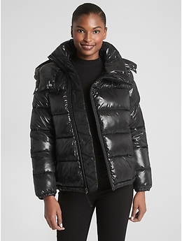 Long down high shine puffer store coat gap