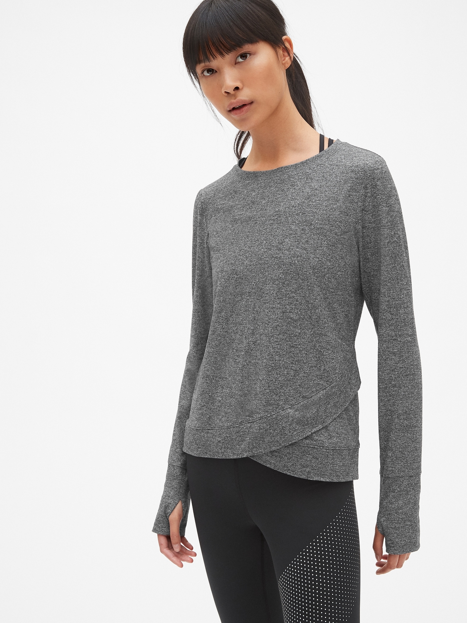 GapFit Long Sleeve Tulip-Front Top in Brushed Tech Jersey | Gap