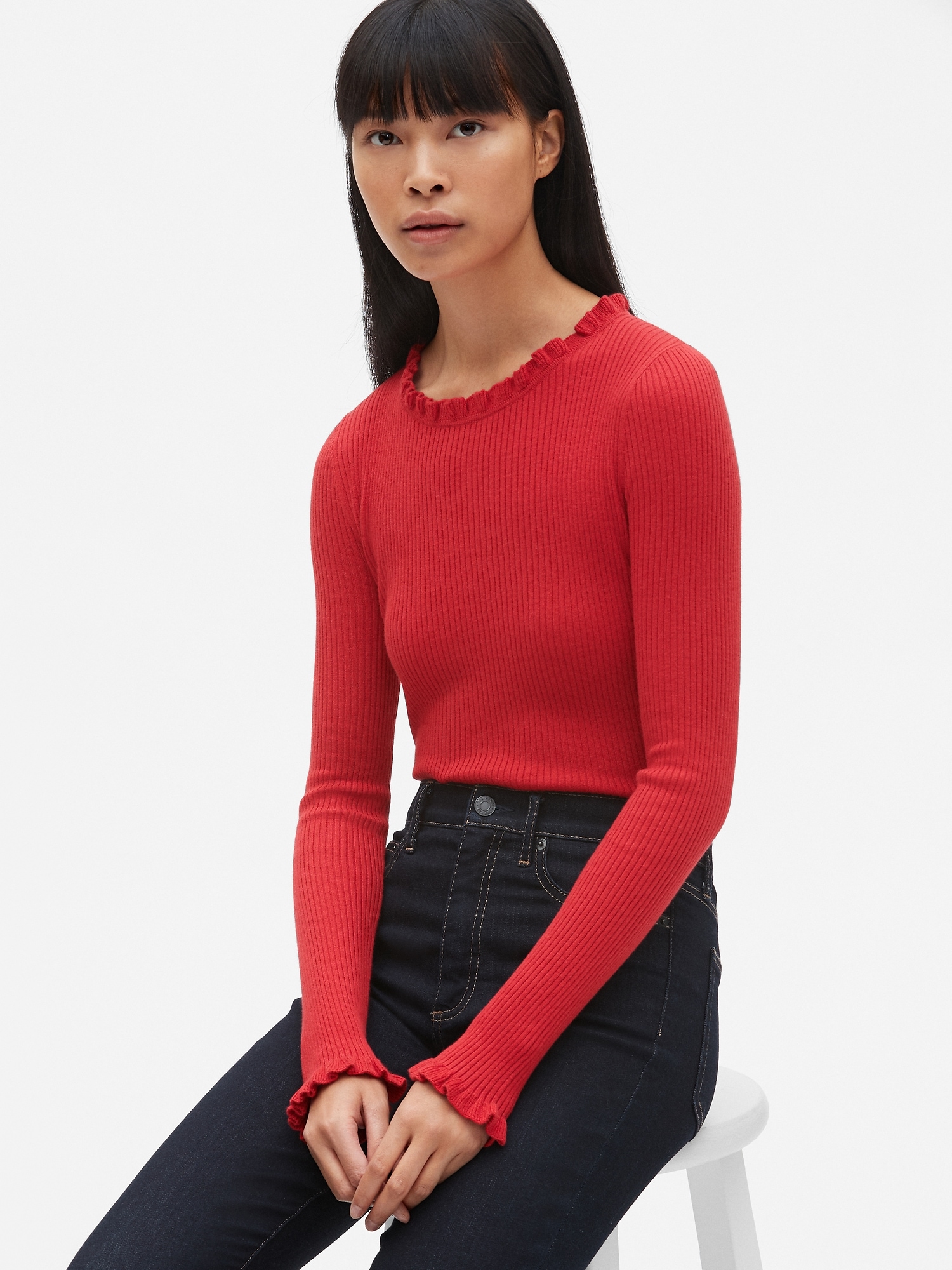 Ribbed Ruffle-Trim Crewneck Pullover Sweater | Gap