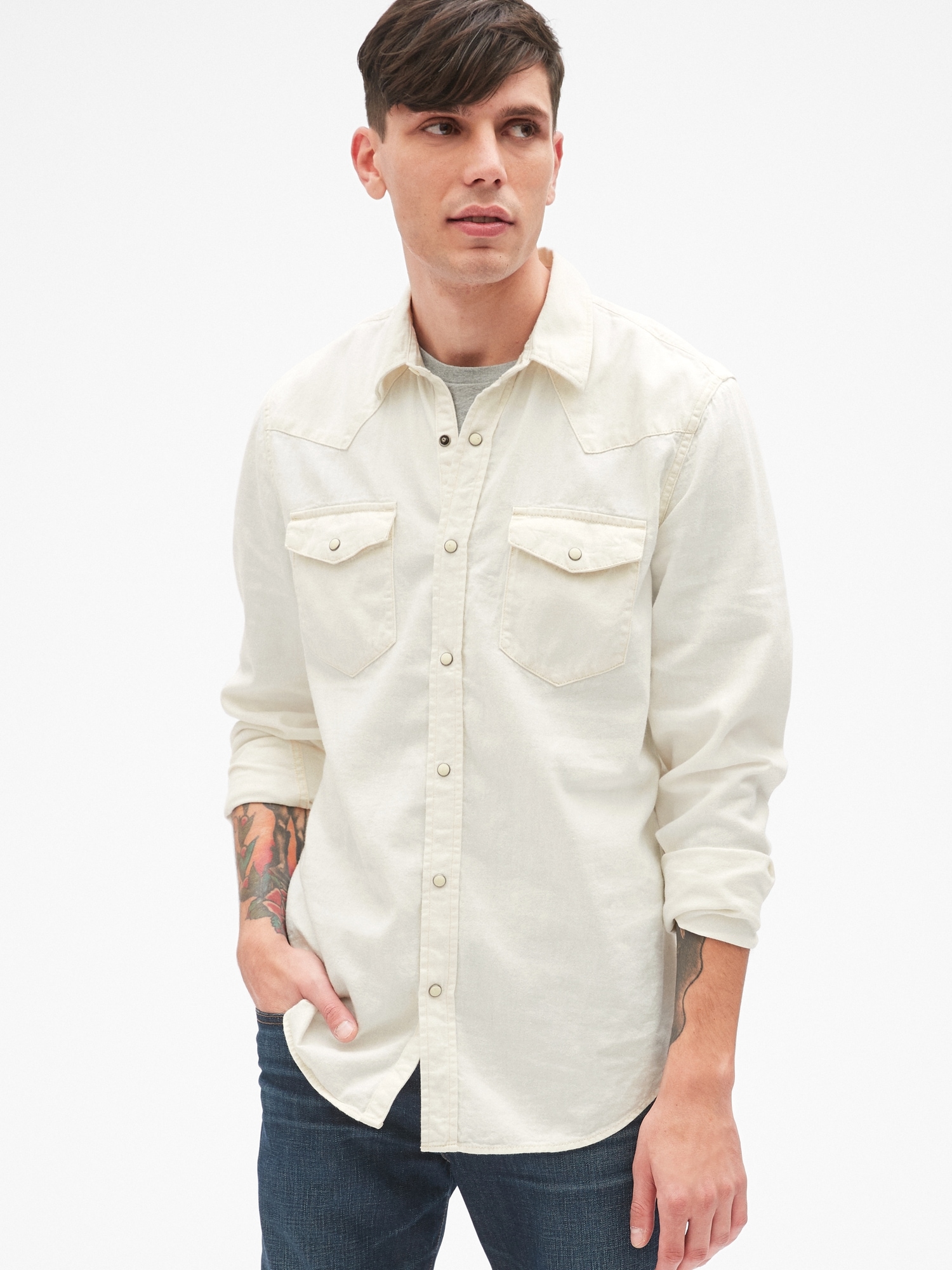 white denim long sleeve shirt