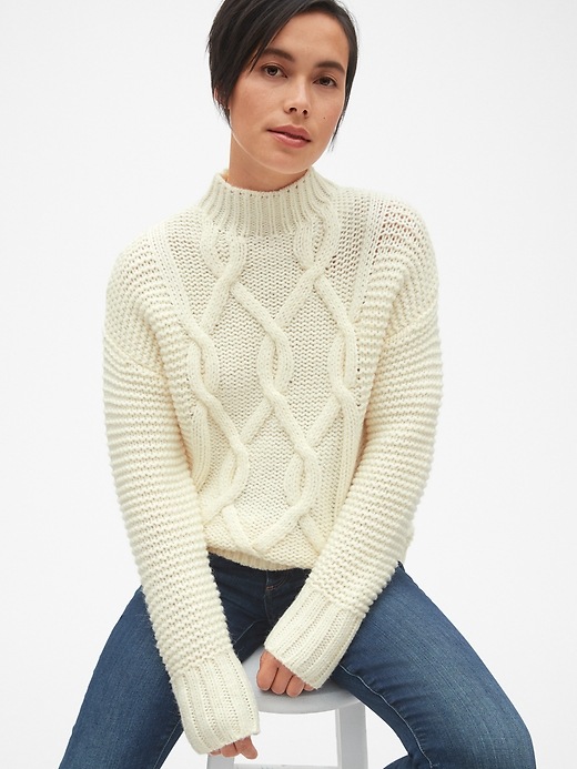 View large product image 1 of 1. Textured Cable-Knit Mockneck Pullover Sweater