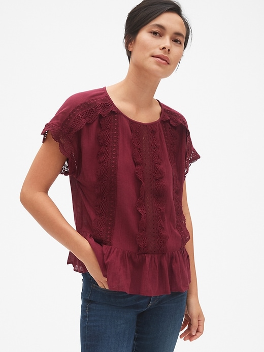 View large product image 1 of 1. Short Sleeve Tiered Lace-Trim Blouse