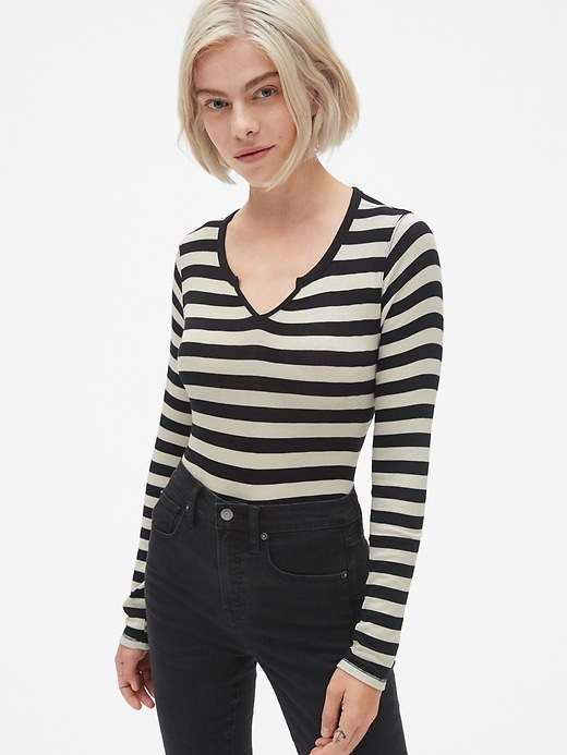 View large product image 1 of 1. Ribbed Stripe Long Sleeve Notch-Neck T-Shirt