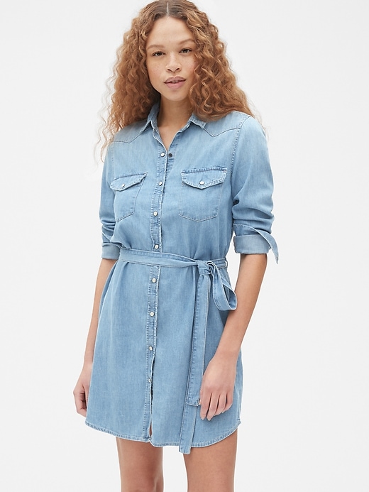 Image number 1 showing, Perfect Tie-Waist Denim Western Shirtdress