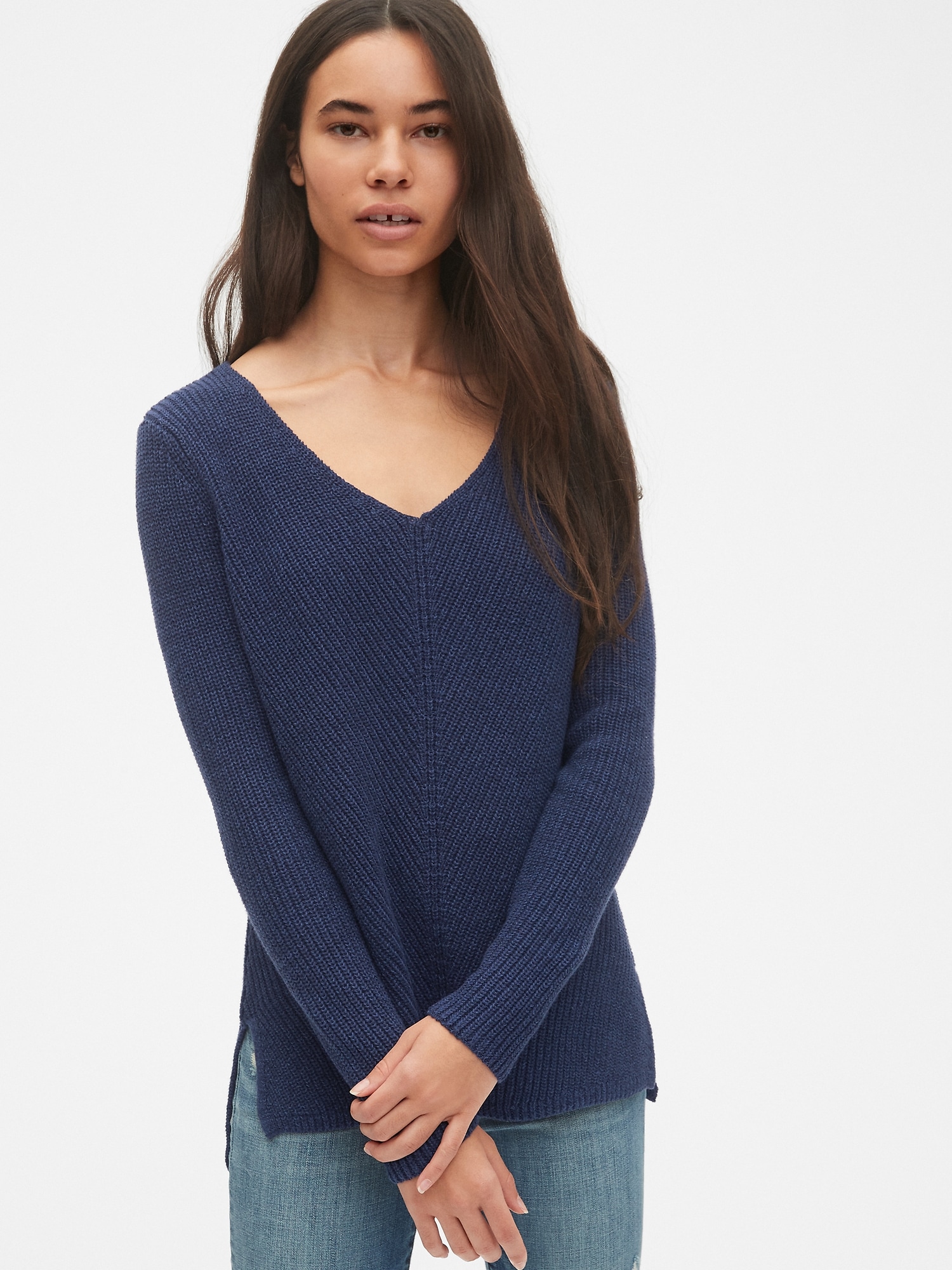 Diagonal Ribbed V-Neck Pullover Sweater Tunic | Gap