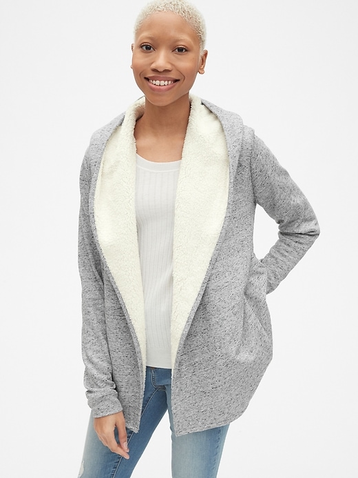 Image number 1 showing, Sherpa-Lined Hooded Wrap Cardigan Sweatshirt