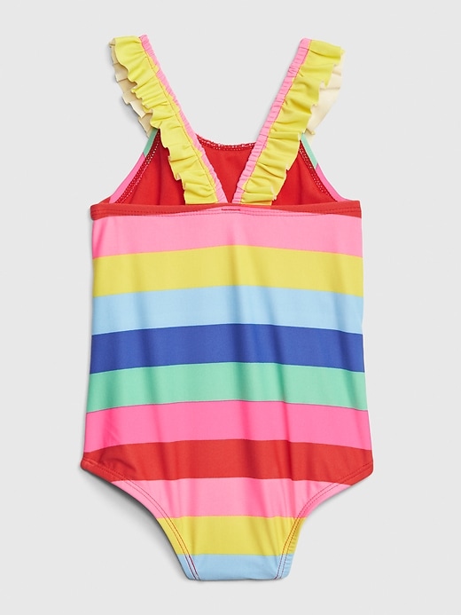 Image number 2 showing, Toddler Rainbow Stripe Ruffle Swim One-Piece