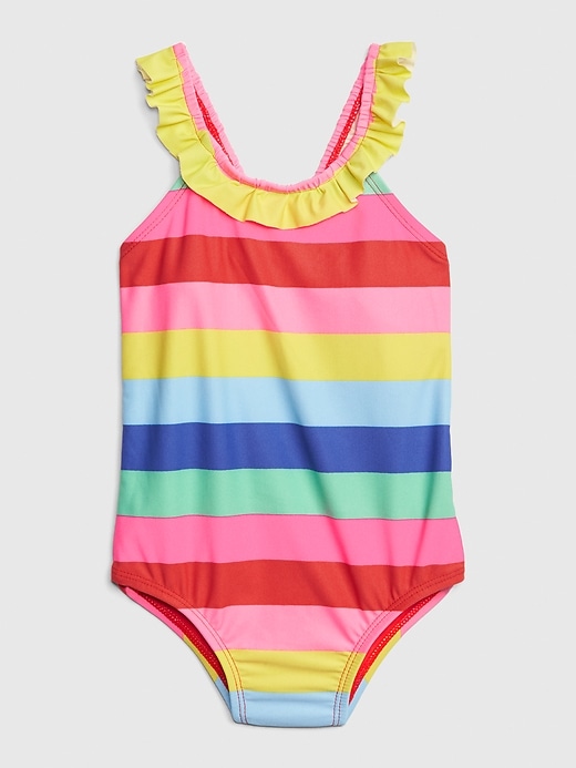 Image number 1 showing, Toddler Rainbow Stripe Ruffle Swim One-Piece
