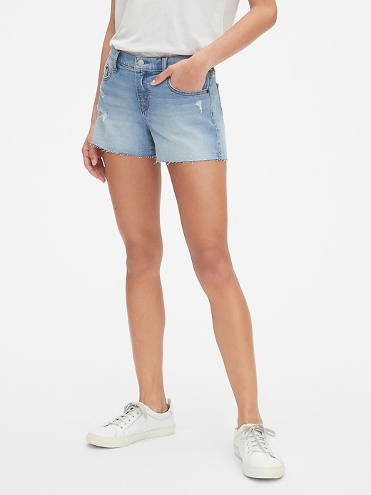 Image number 1 showing, Mid Rise 3" Denim Shorts with Distressed Detail