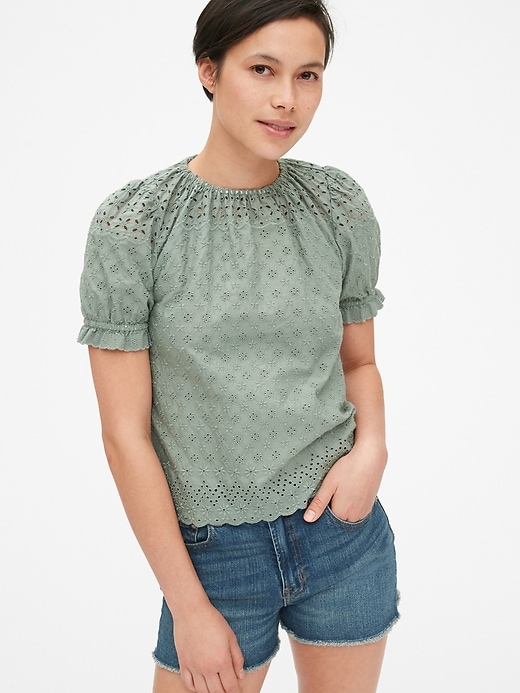 Image number 1 showing, Eyelet Embroidered Puff Sleeve Top