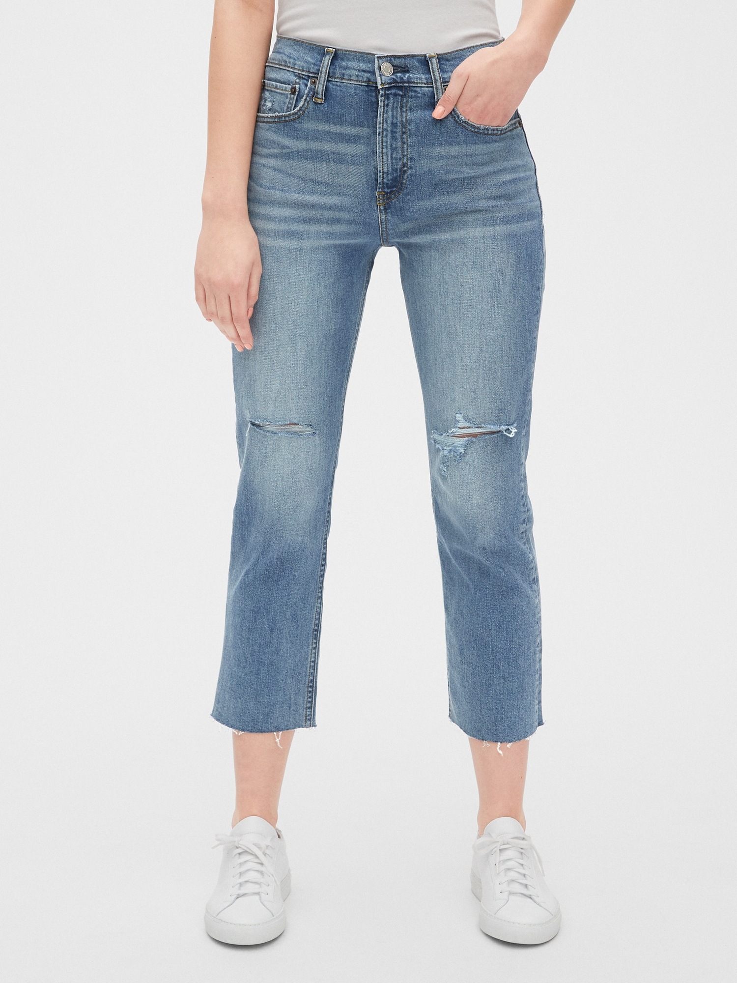 high rise cheeky straight jeans with distressed detail