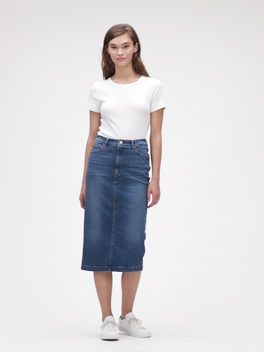 ASOS Denim Pencil Skirt with Zip Back in Mid Wash Blue | ASOS