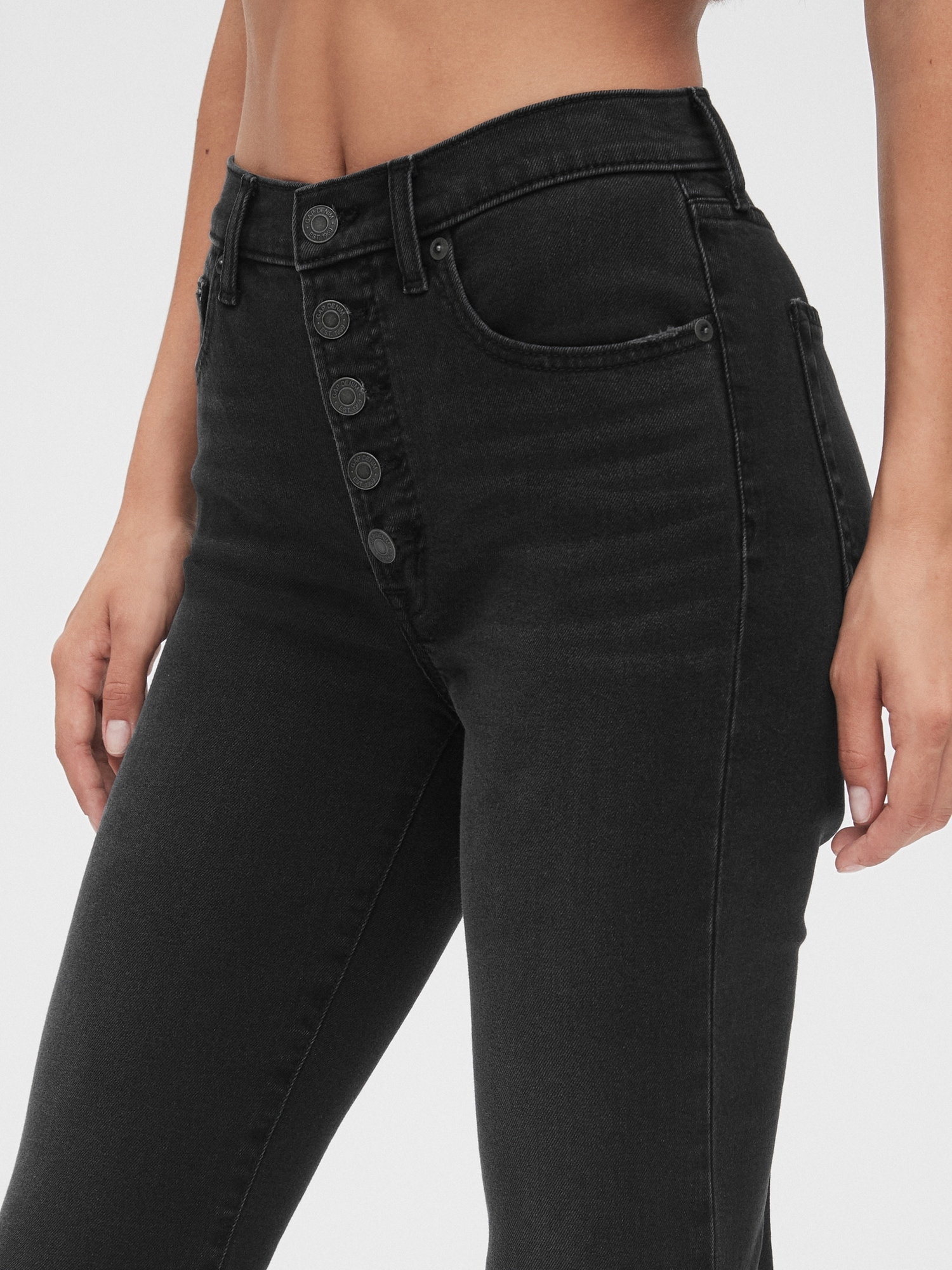 high waisted button fly flare jeans