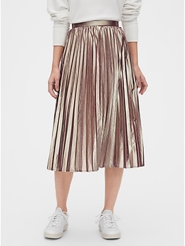 Rose Gold Metallic Pleated High Waist Midi Skirt