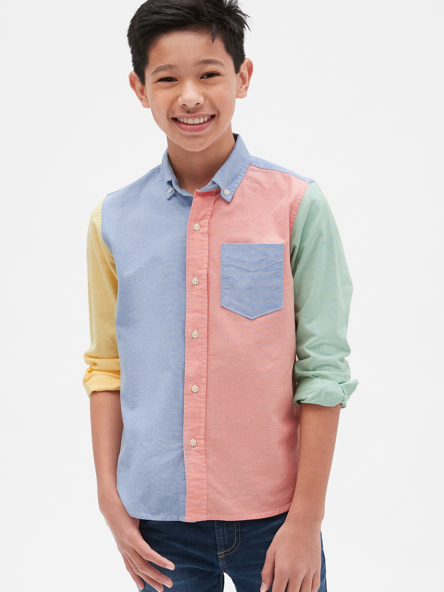 Boys Long Sleeve Colorblock Oxford Button Up Shirt - Spring