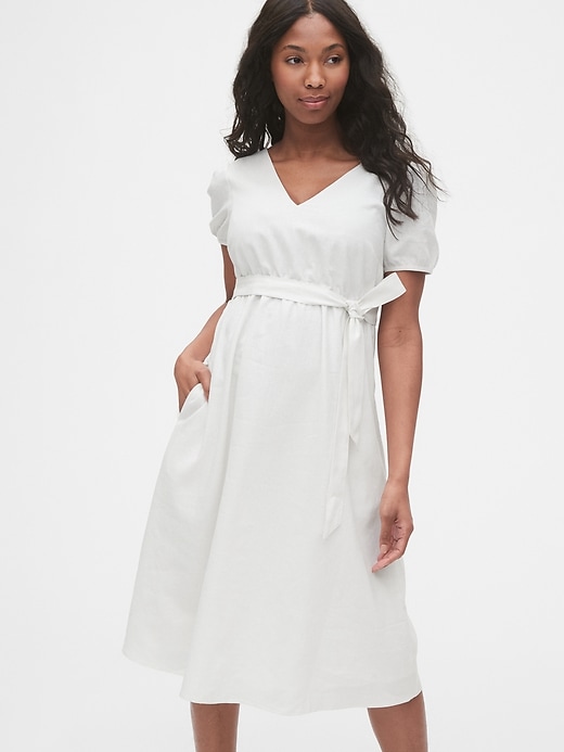 Image number 1 showing, Maternity Linen-Cotton V-Neck Midi Dress