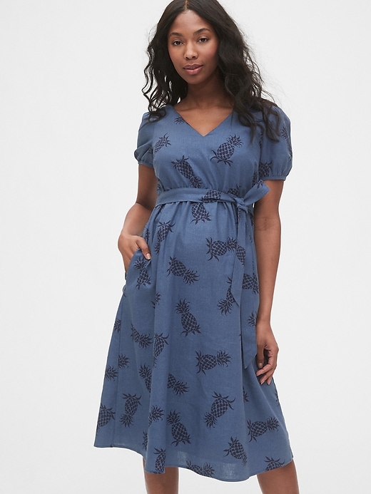 Image number 5 showing, Maternity Linen-Cotton V-Neck Midi Dress