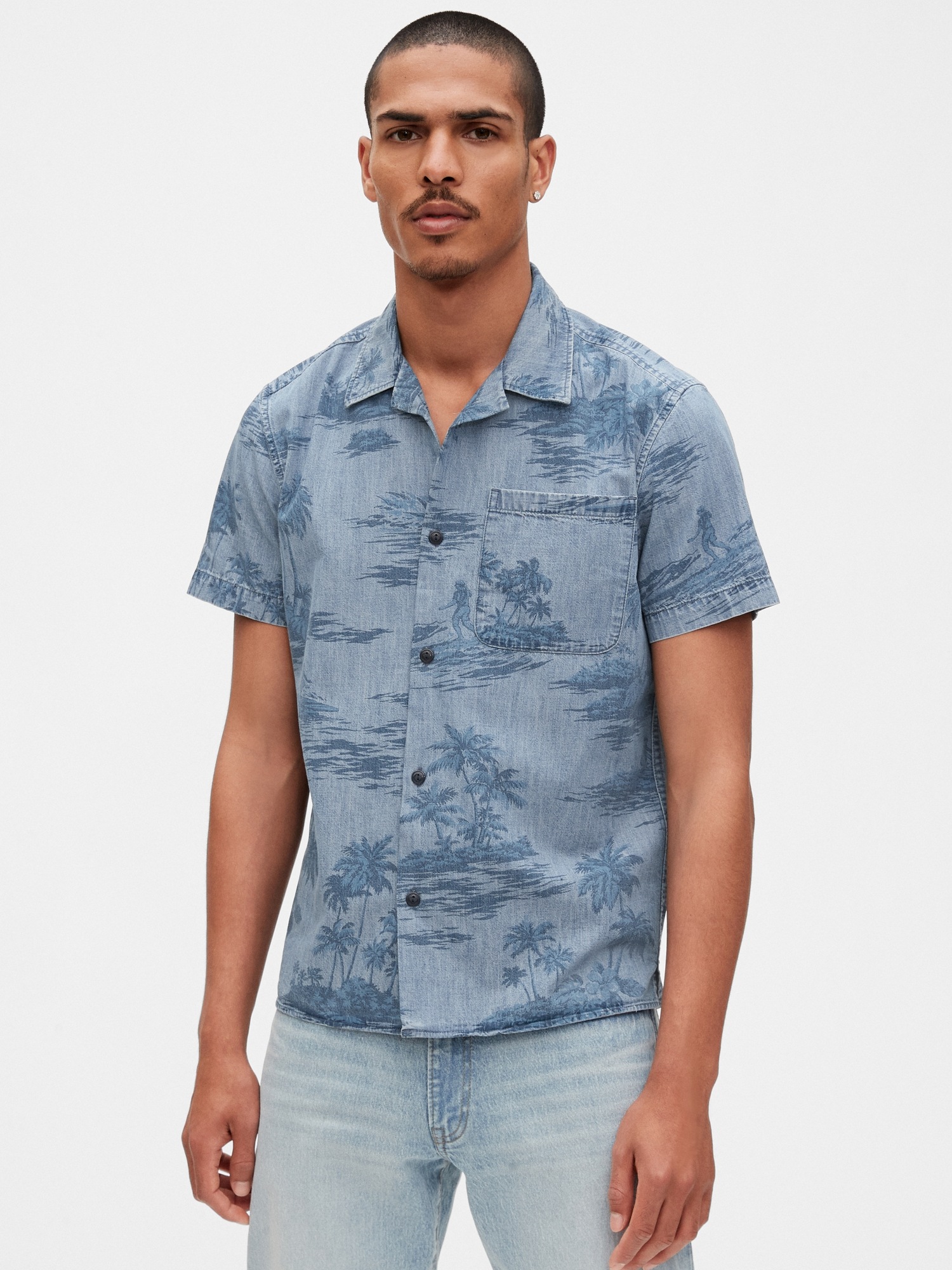 Buy Blue Printed Short Sleeves Denim Shirt for Men