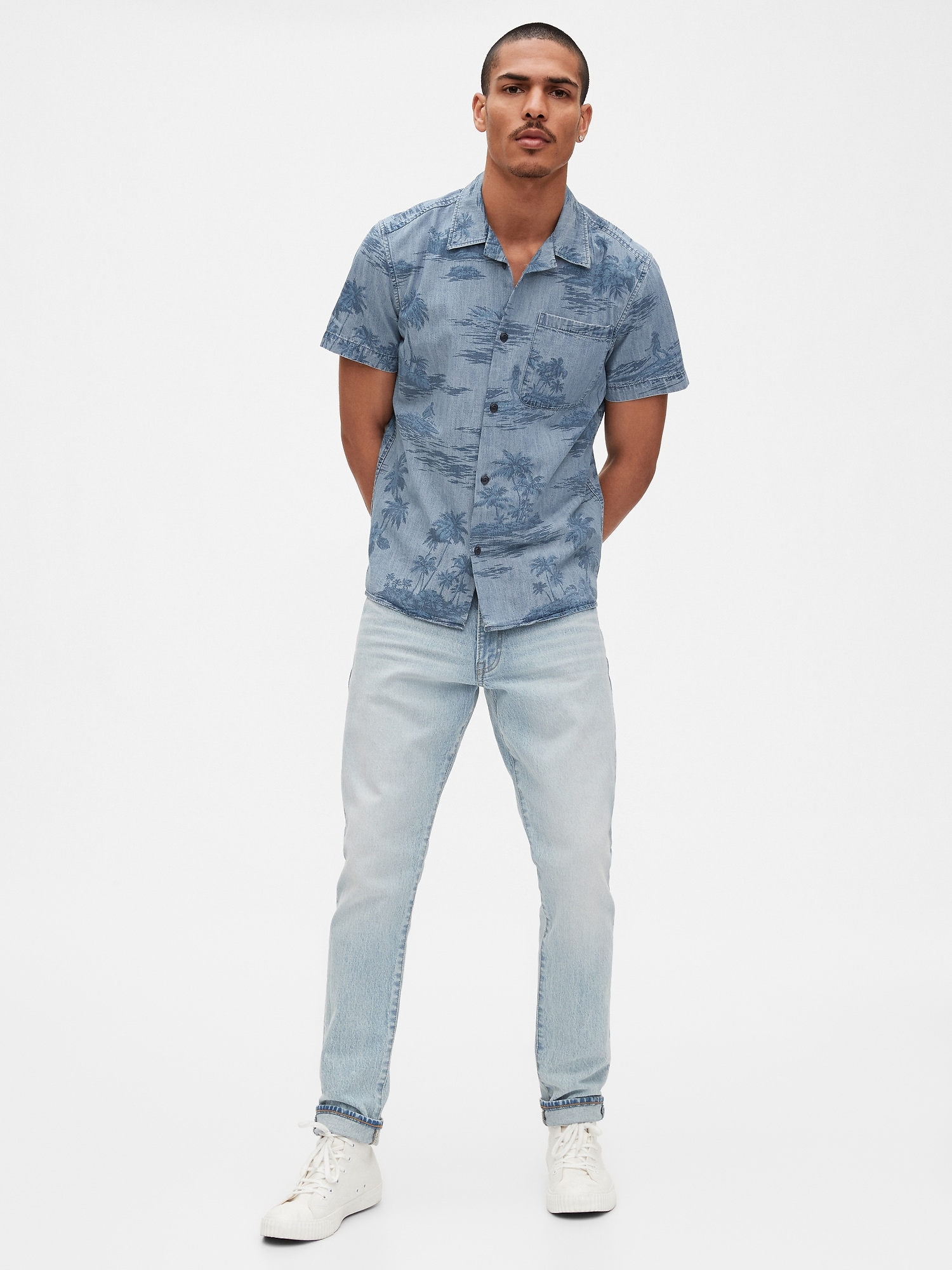 Buy Blue Printed Short Sleeves Denim Shirt for Men