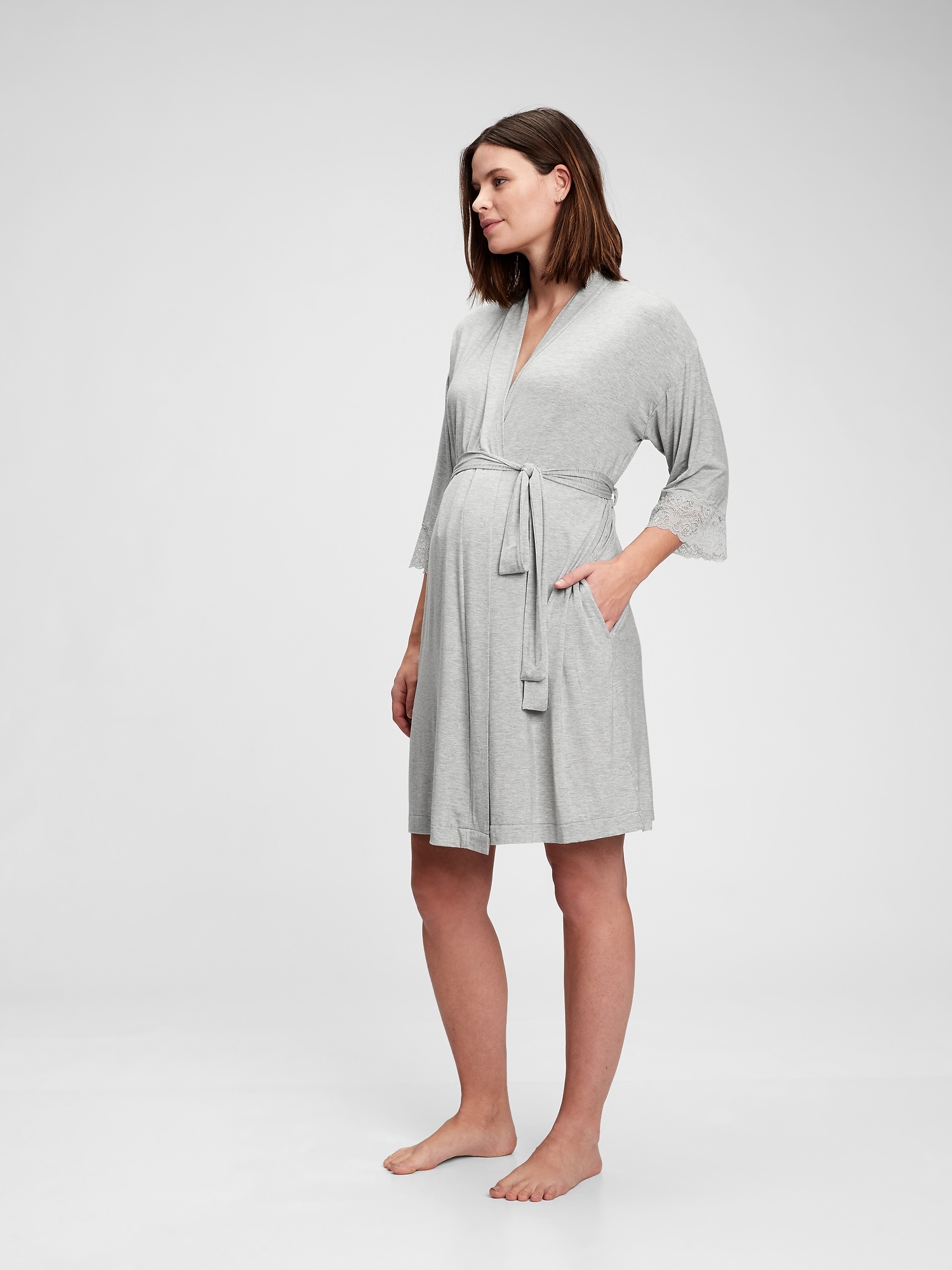 Gap Maternity Lace Trim Robe In Modal In Grey