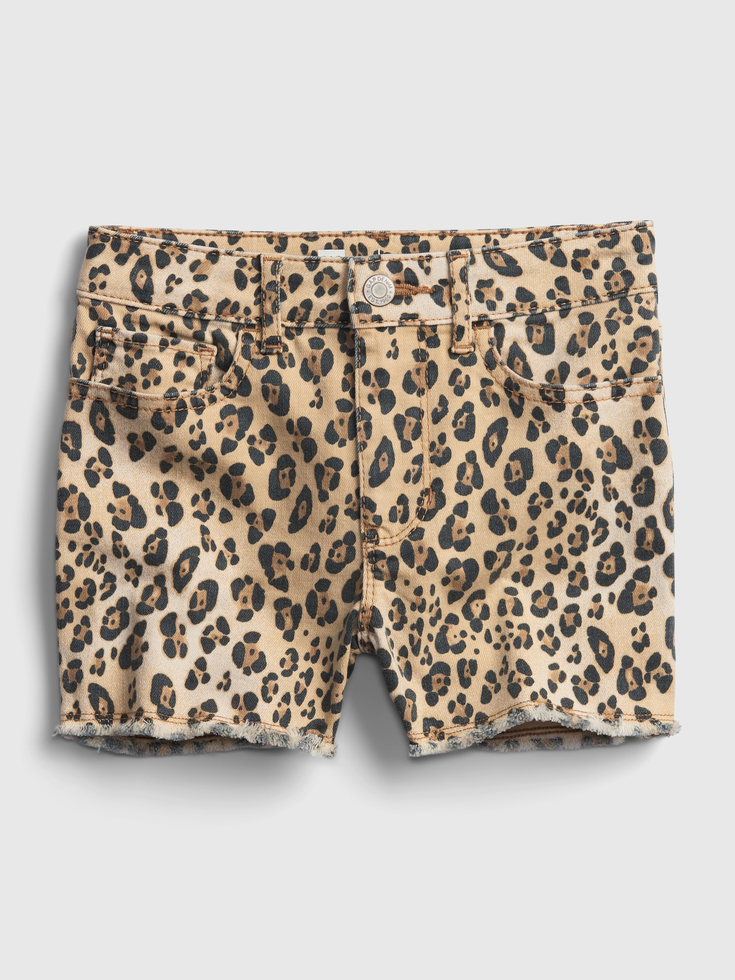 Kids High Rise Leopard Print Denim Shorts with Stretch Gap