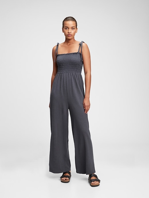 View large product image 1 of 8. Smocked Shoulder-Tie Jumpsuit