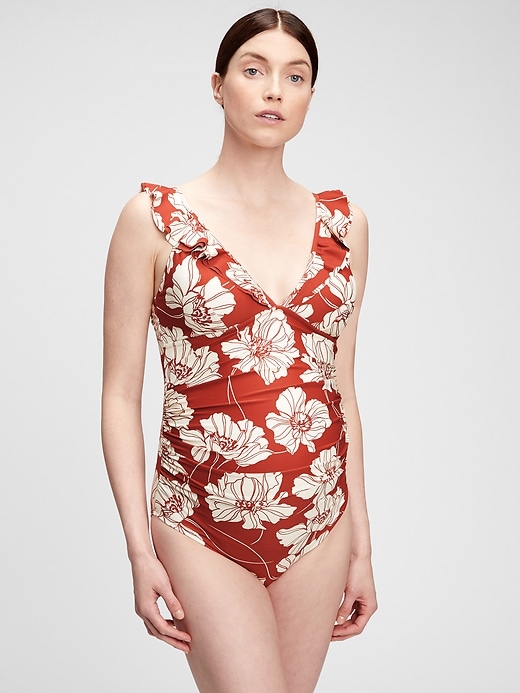 Image number 9 showing, Maternity Recycled Ruffled V-Neck One-Piece Suit