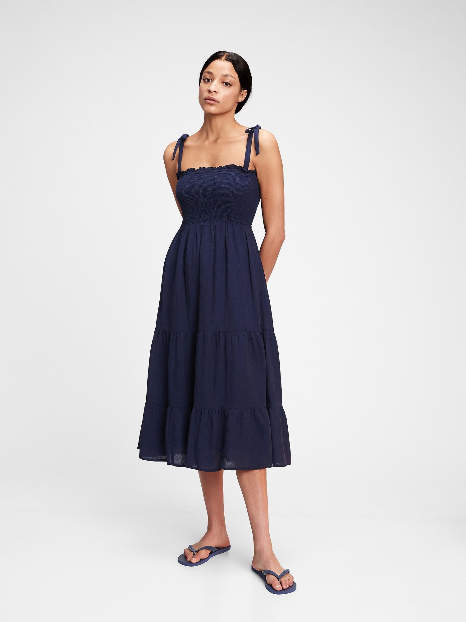 Long Smocked Maxi Dress Blue or Black Denim One Size Fits M 2XL -   Canada