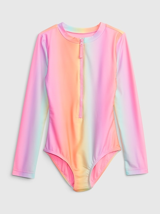 View large product image 1 of 1. Kids Recycled Tie-Dye Swim Rash Guard One-Piece