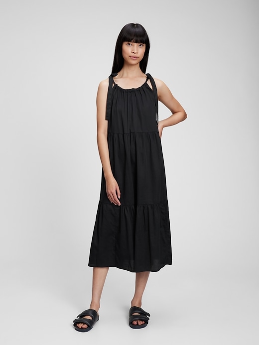 View large product image 1 of 1. Tie-Shoulder Tiered Midi Dress