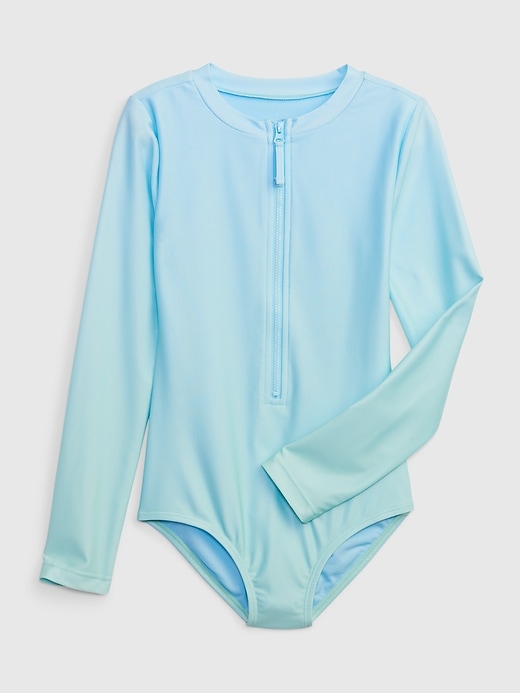 View large product image 1 of 1. Kids Recycled Zipper Rash Guard Swim One-Piece