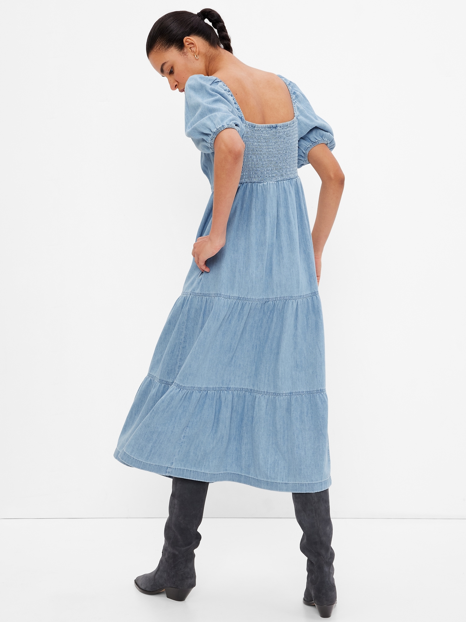 Denim Tiered Puff Midi Dress with Washwell | Gap