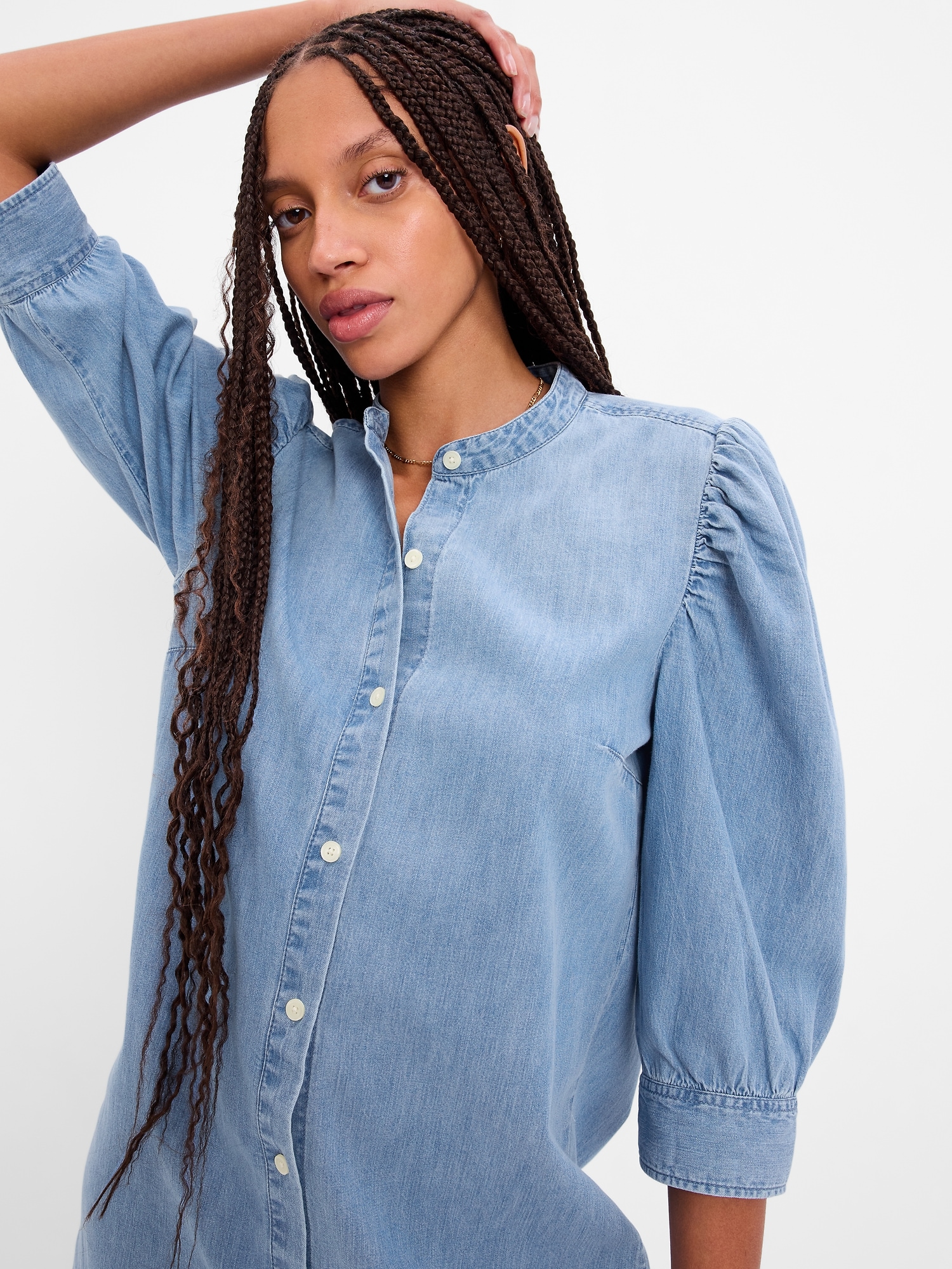 Puff Sleeve Denim Mini Shirtdress with Washwell | Gap