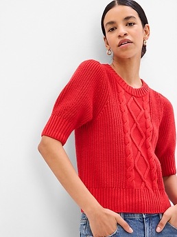 Puff Sleeve Cable-Knit Crewneck Sweater | Gap