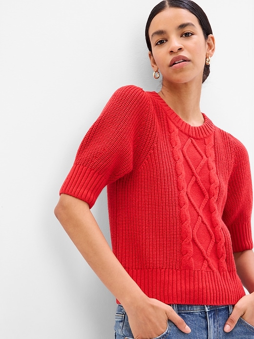 Image number 3 showing, Puff Sleeve Cable-Knit Crewneck Sweater