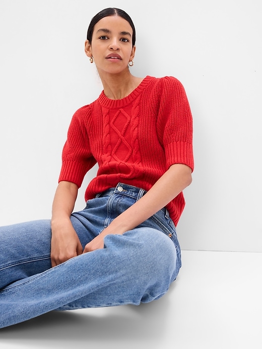 Image number 1 showing, Puff Sleeve Cable-Knit Crewneck Sweater