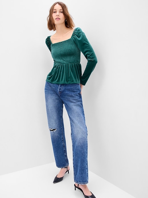 Puff Sleeve Smocked Peplum Velvet Top