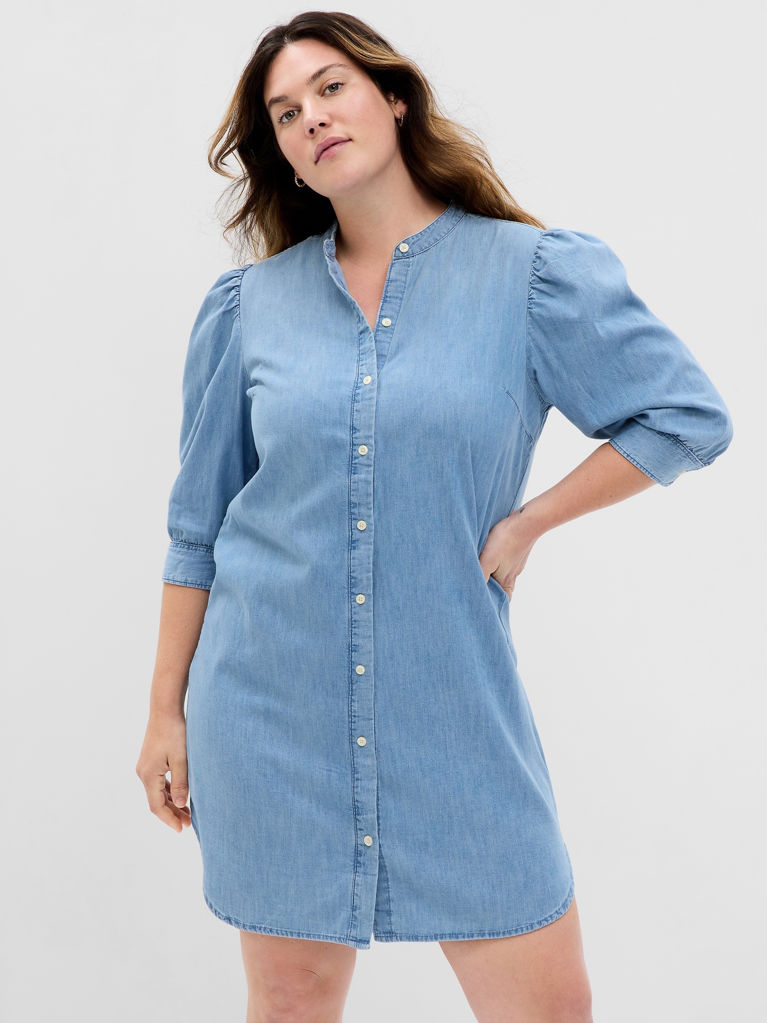 Puff Sleeve Denim Mini Shirtdress With Washwell Gap