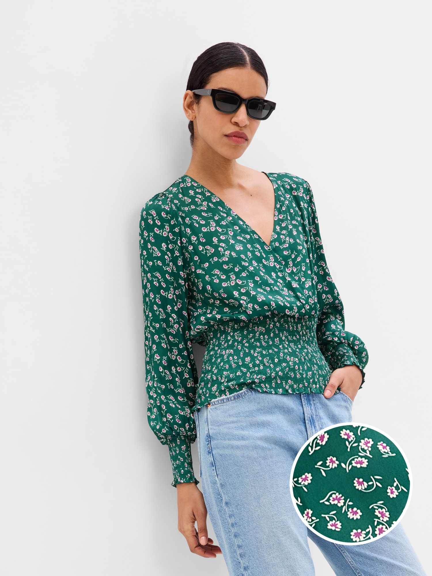 Zara Women's Wrap Top Green/Black Polka Dot XL