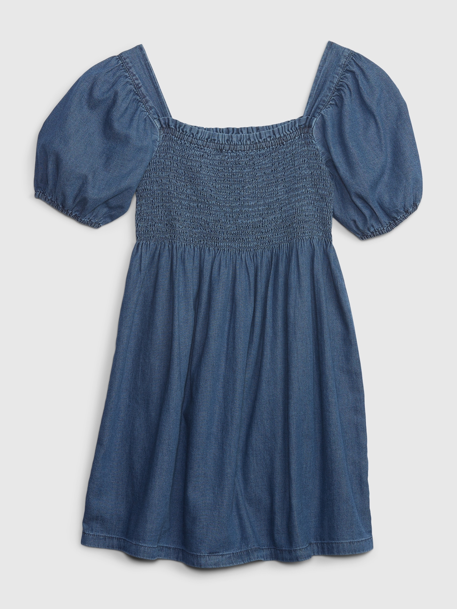 Gap Kids Smocked Puff Sleeve Denim Dress with Washwell blue. 1