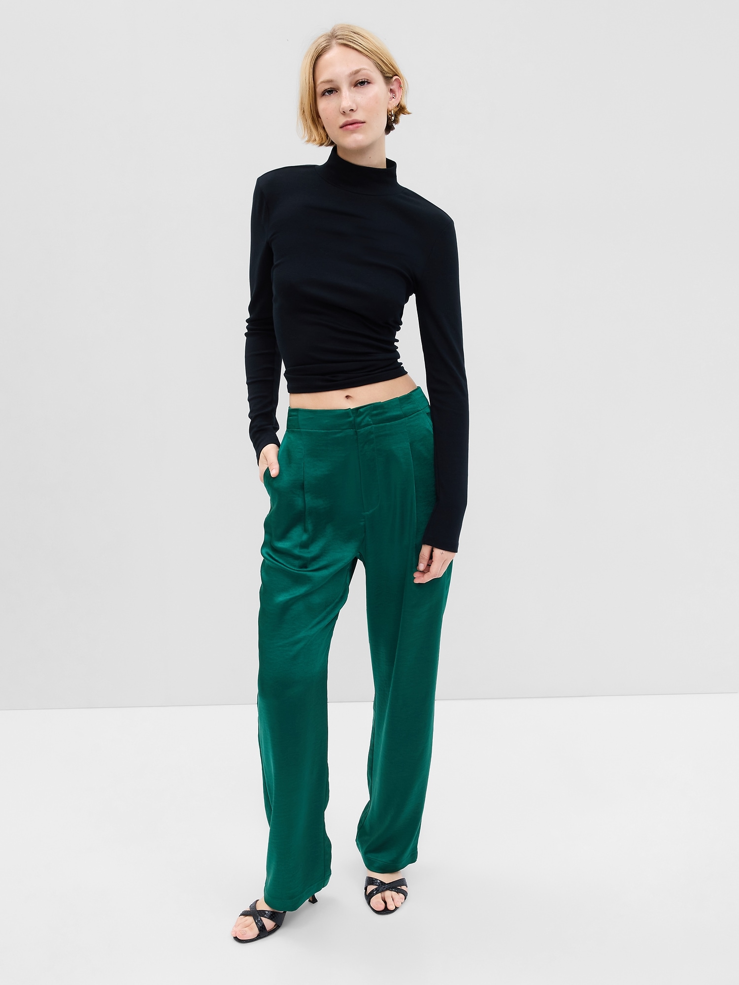 Gap High Rise Pleated Satin Trousers green. 1