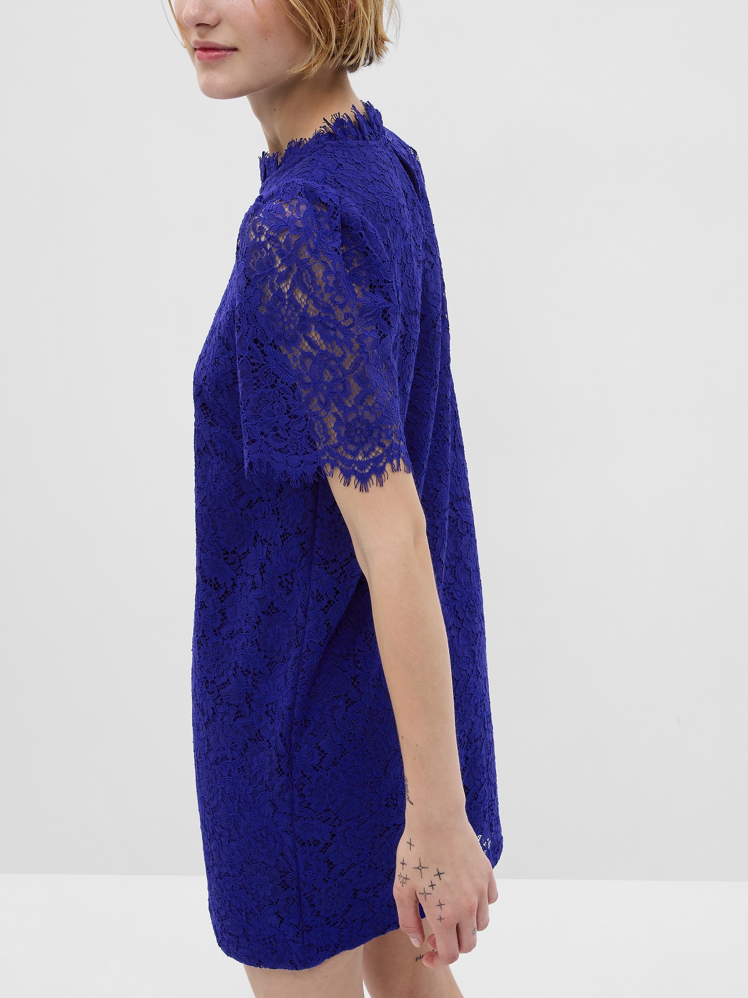 Ever New Petite puff sleeve high neck lace mini shift dress in blue