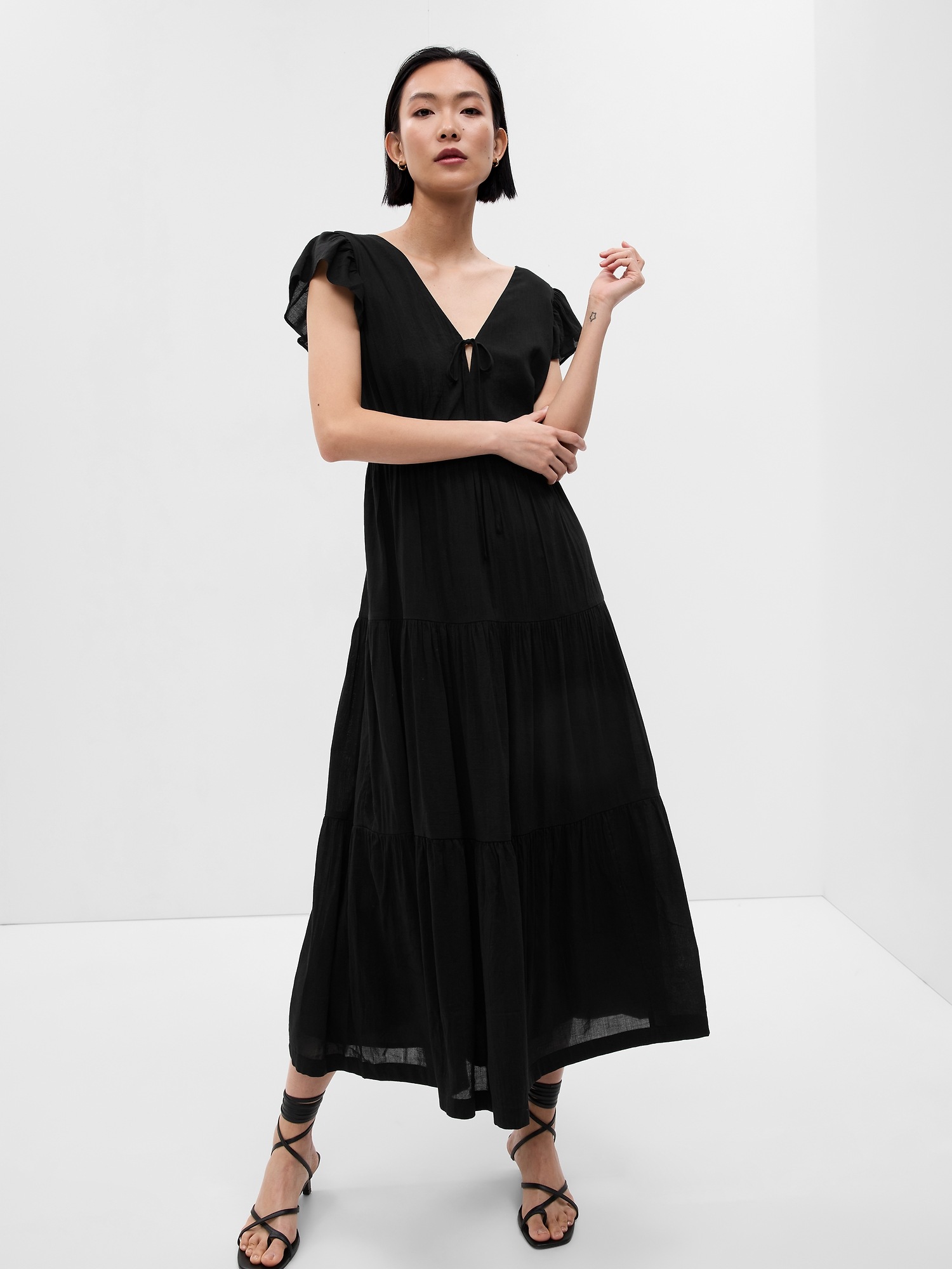 Gap Flutter Sleeve Tiered Maxi Dress In Black | ModeSens