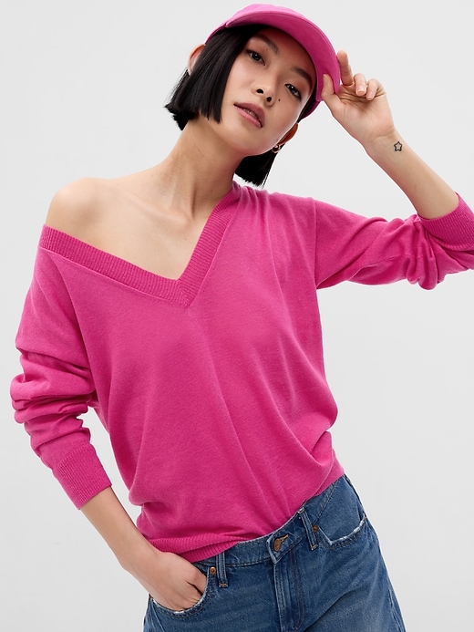 Image number 1 showing, Linen-Blend V-Neck Sweater